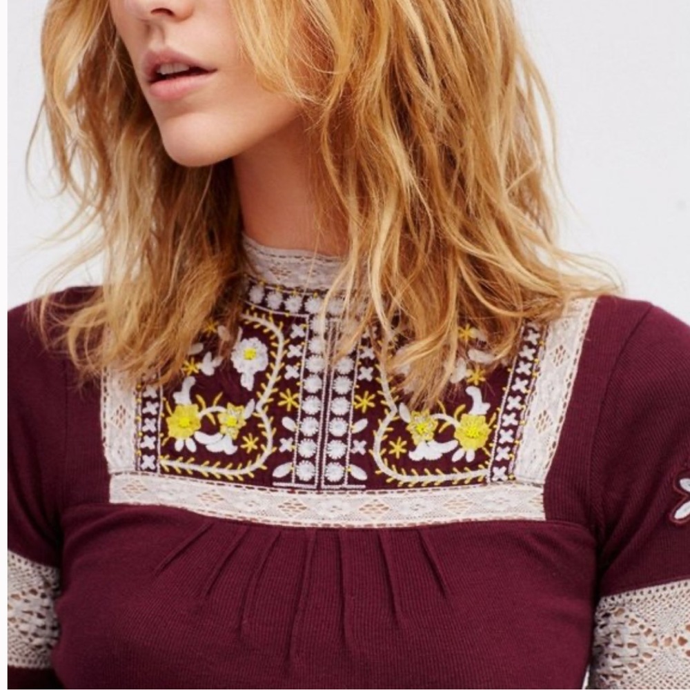 FREE People burgundy embroidered BoHo blouse - Picture 10 of 12